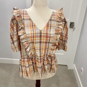 a.n.a Ruffle Short Sleeve Lightweight Plaid Brown Blouse XL